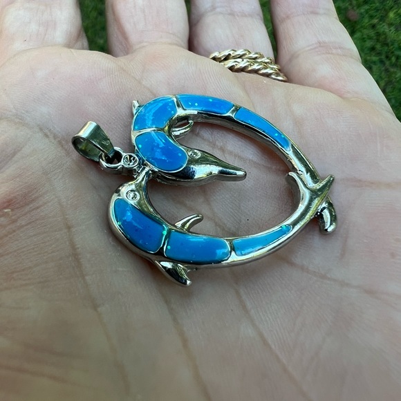 Faux Blue Opal Double Dolphin Heart Pendant 👠 - Picture 13 of 17